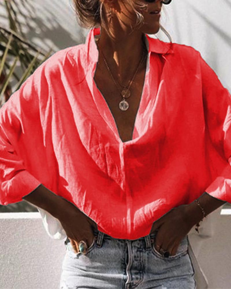 

Long Sleeve Solid Loose Fit Blouse, Red