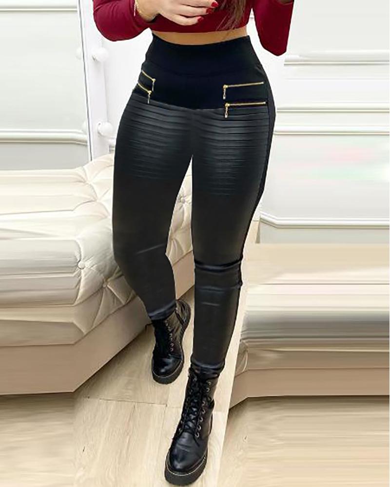

Zipper Design High Waist Pu Leather Pants, Black
