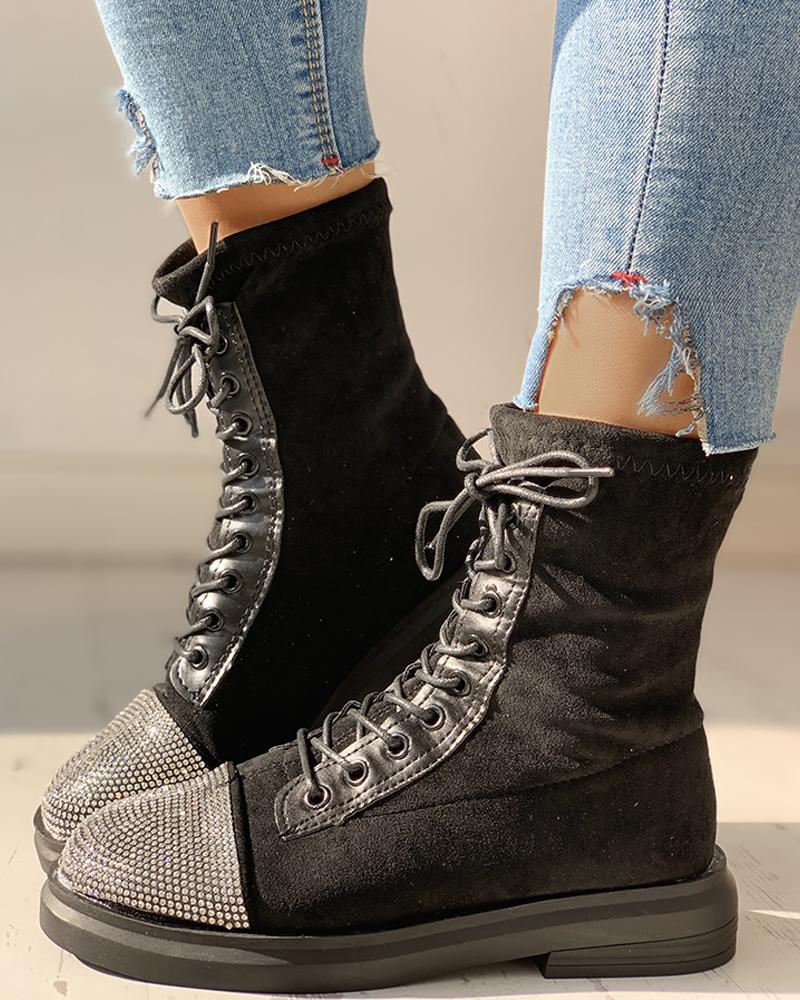 

Suede Studded Eyelet Lace-Up Flat Boots, Black