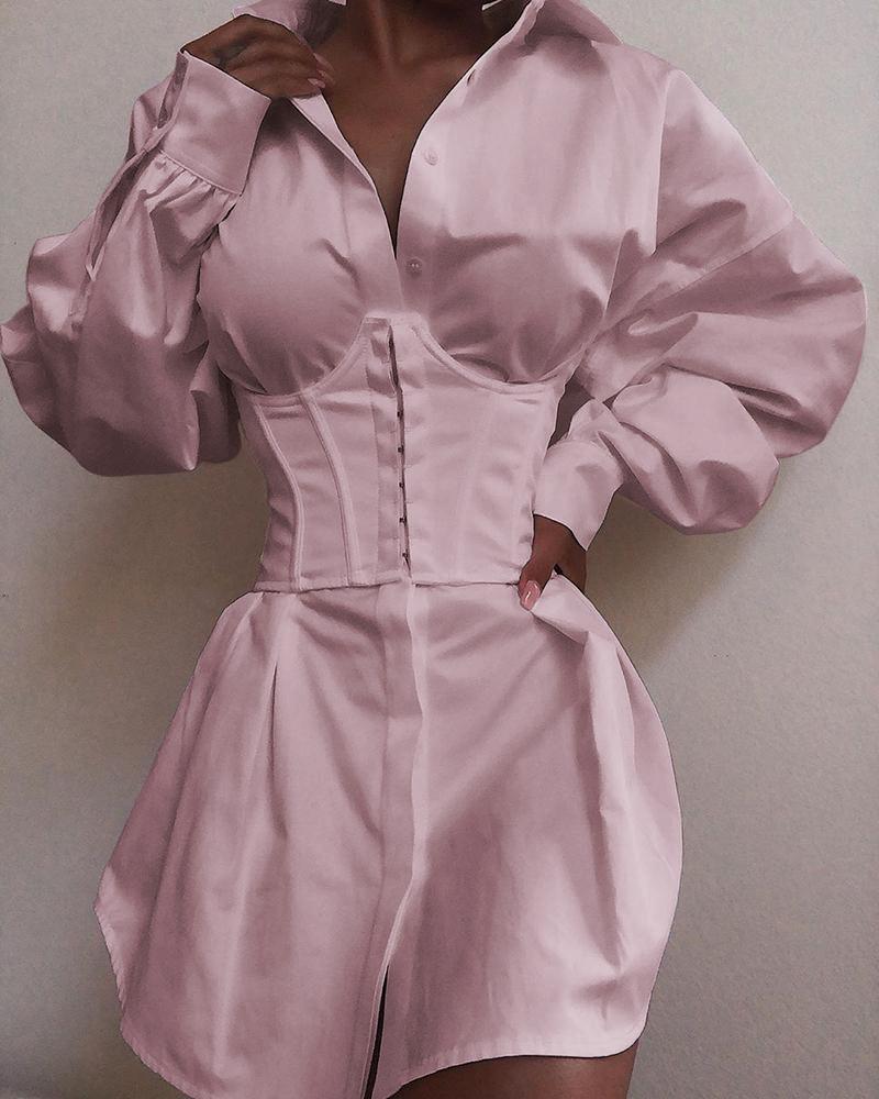 

Solid Long Sleeve Tight Waist Buttoned Shirt Dress, Pink
