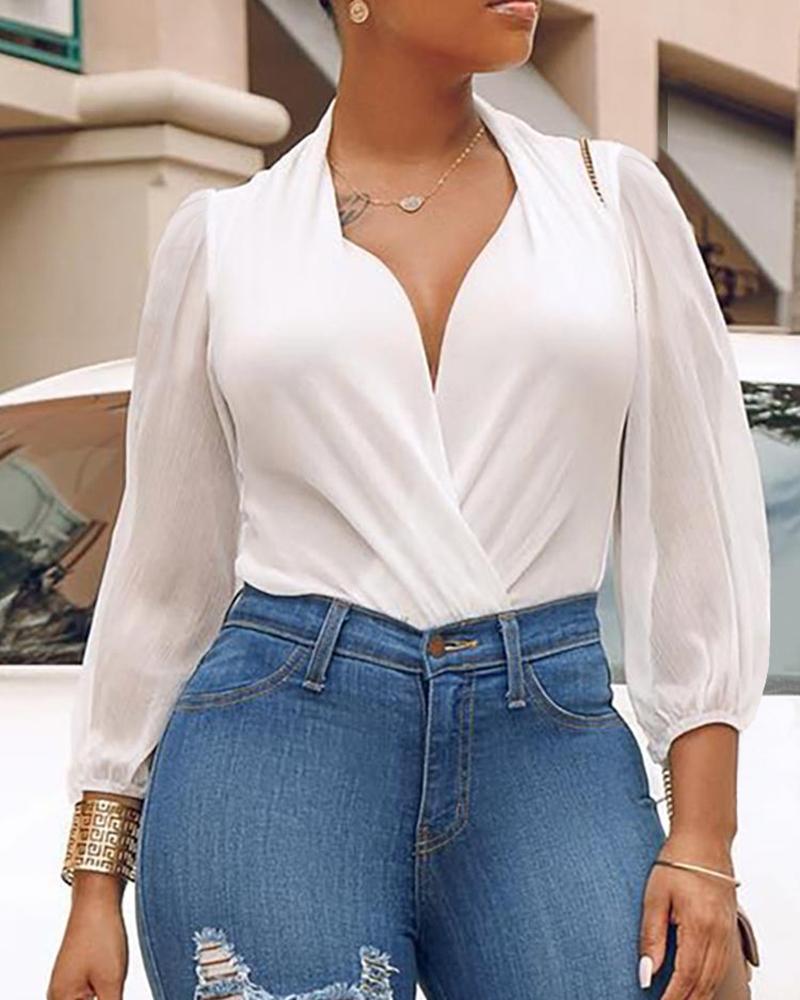 

V-Neck Long Sleeve Ruched Wrap Bodysuit, White