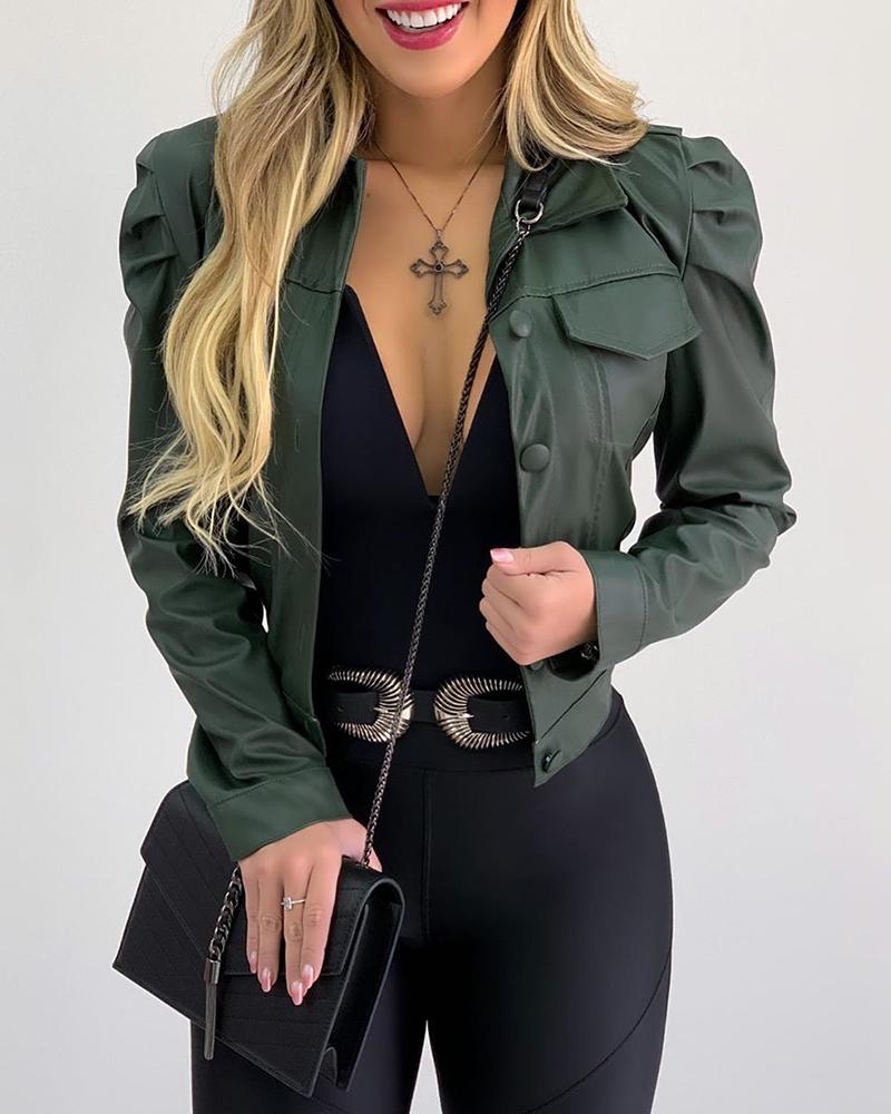 

PU Leather Ruched Crop Coat, Green