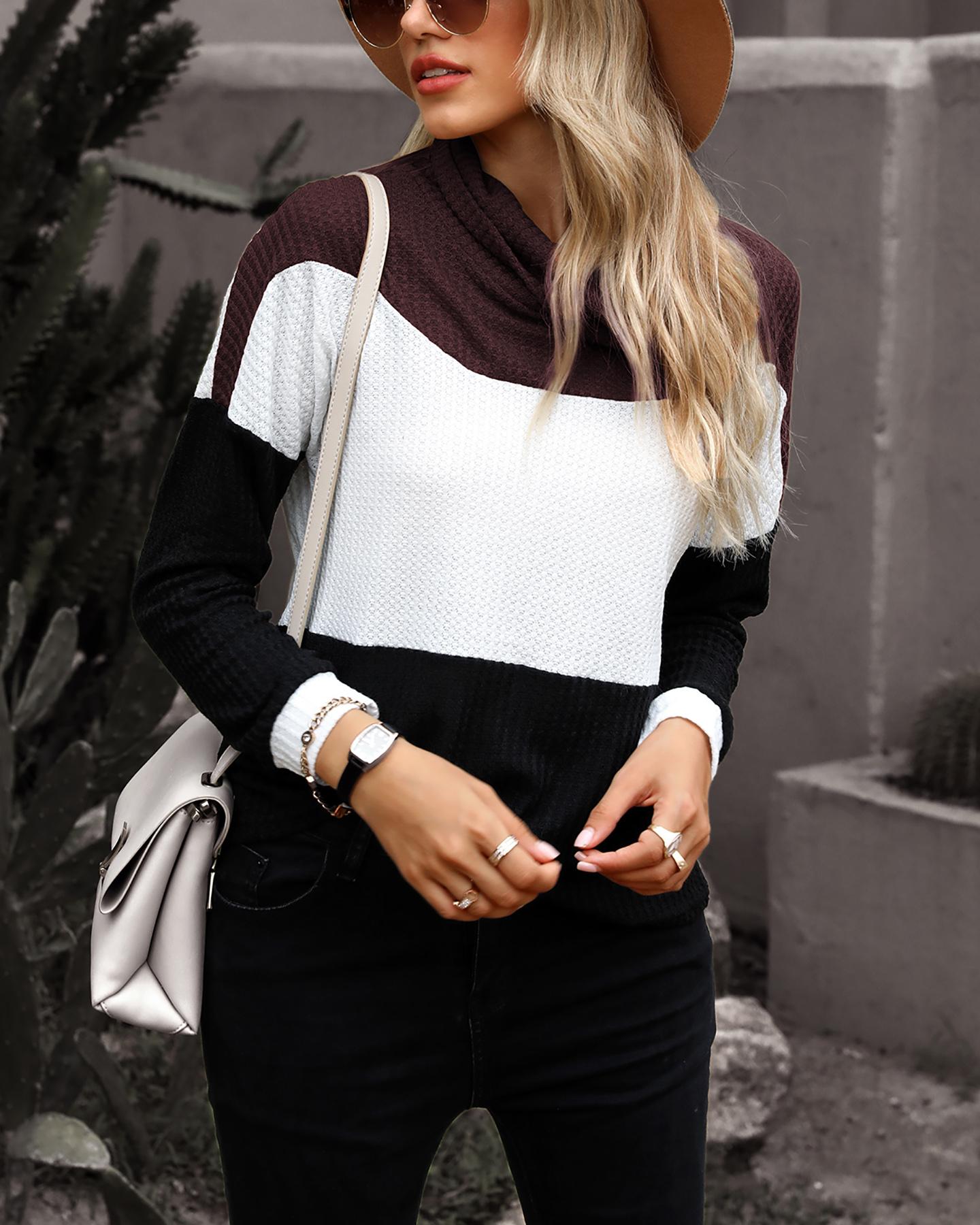 

Colorblock Long Sleeve Casual Sweater, Brown