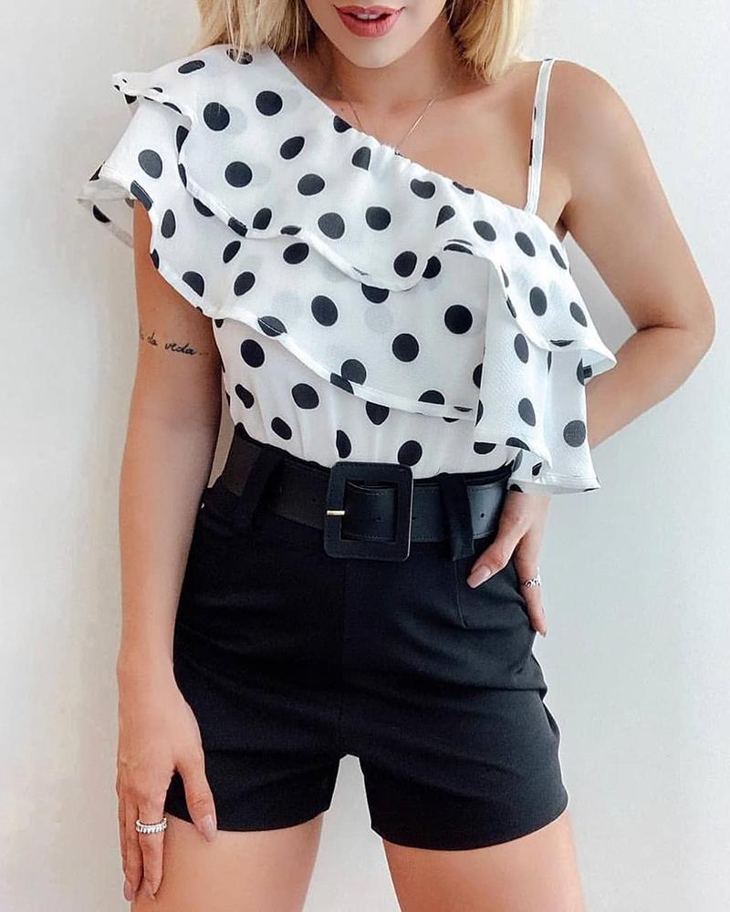 

One Shoulder Ruffles Dot Print Casual Blouse