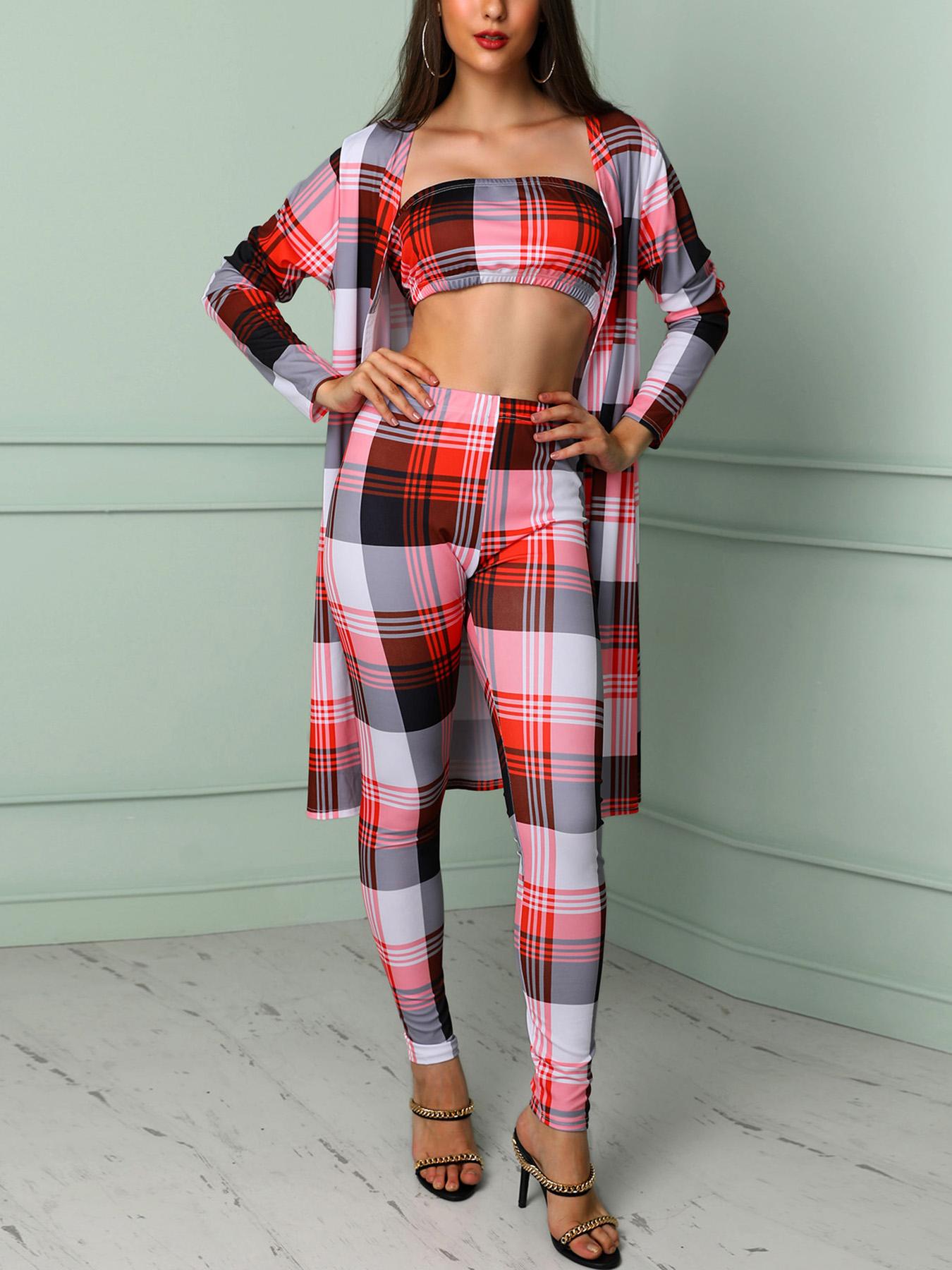 

3PCS Plaid Print Bandeau Top & Pants With Cover Up, Red