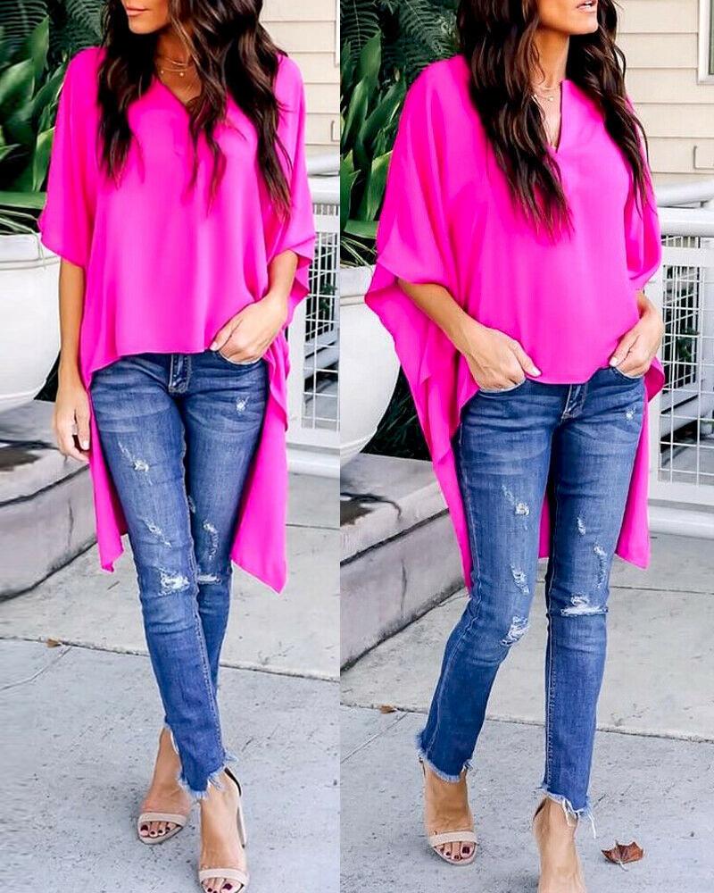 

Short Sleeve V Neck Blouse, Hot pink