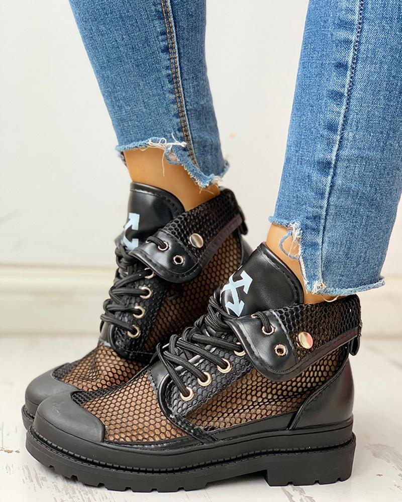 

Eyelet Lace-Up Fishnet Martin Boots, Black