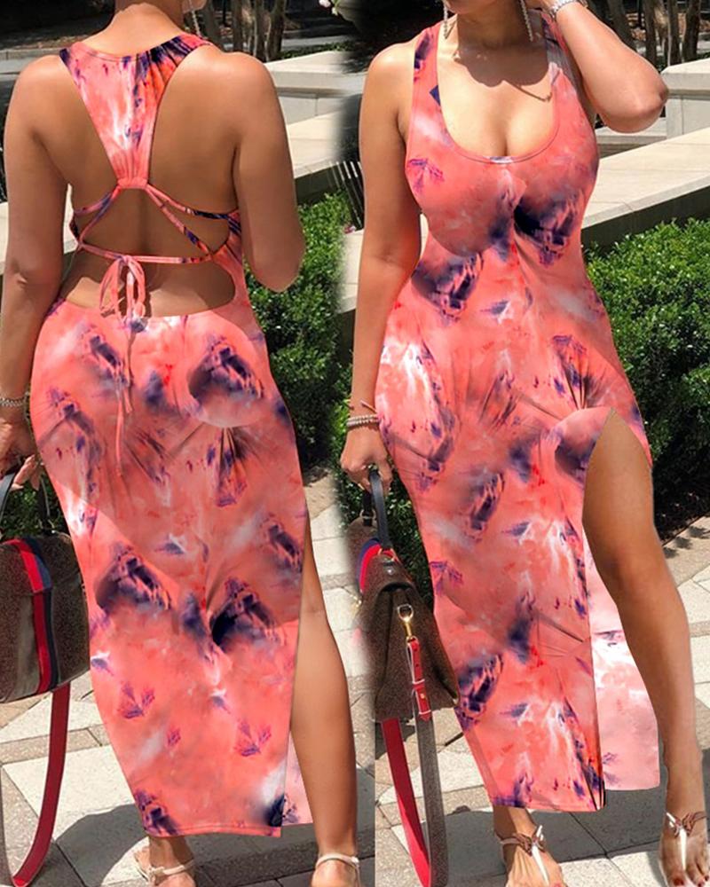 

High Slit Backless Tie Dye Print Dress, Red