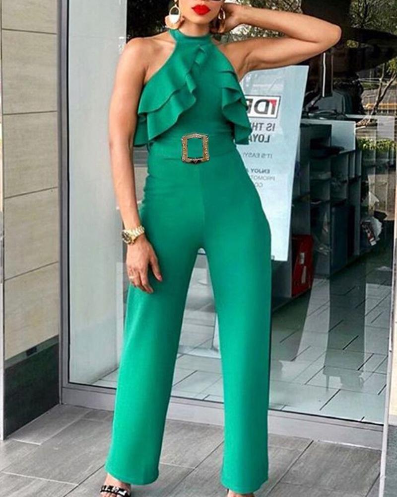 

Sleeveless Halter Ruffles Design Jumpsuit, Green