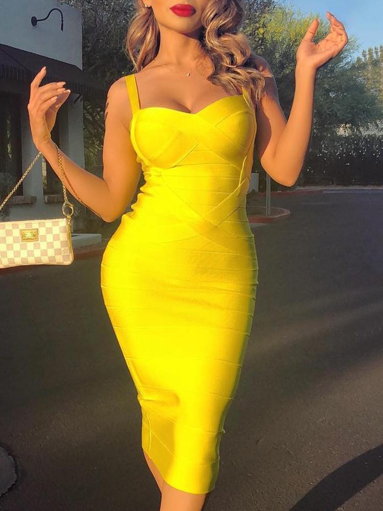 

Solid Spaghetti Strap Bandage Midi Dress, Yellow
