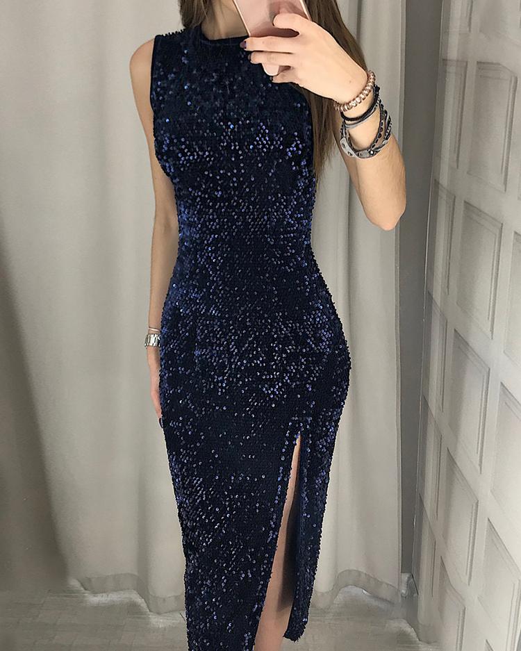 

Sleeveless Thigh Slit Sequin Party Dress, Blue