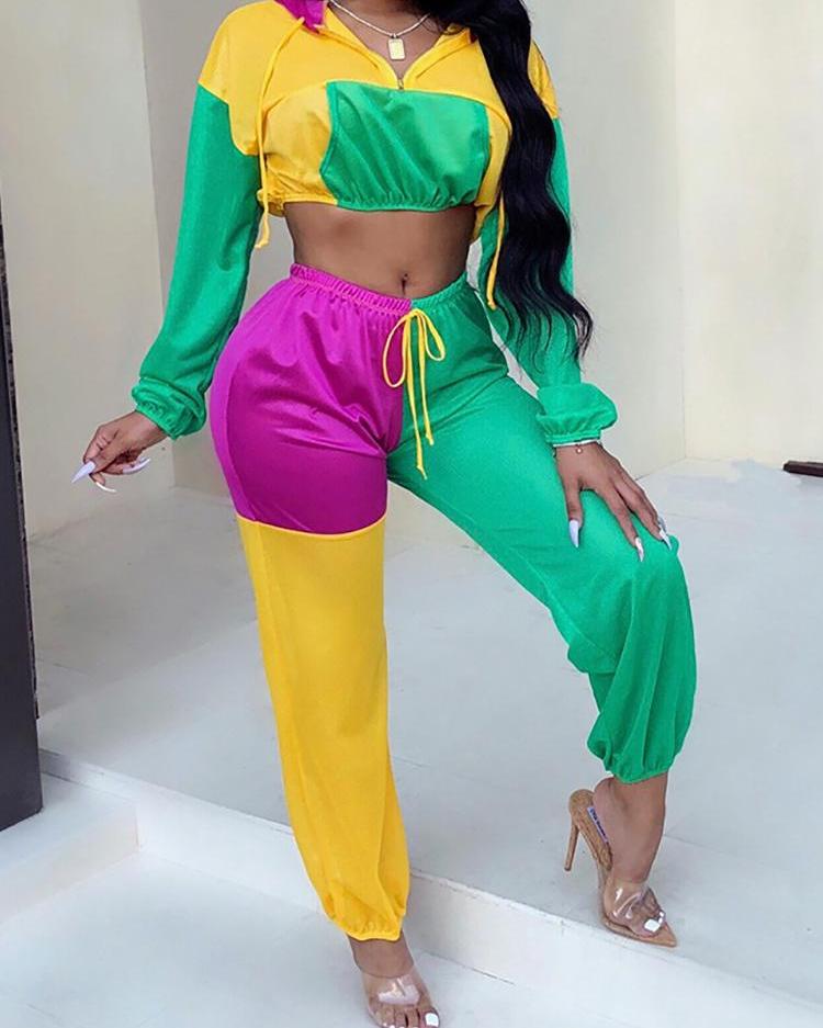 

Colorblock Splicing Hooded Crop Top & Drawstring Pant Sets, Green