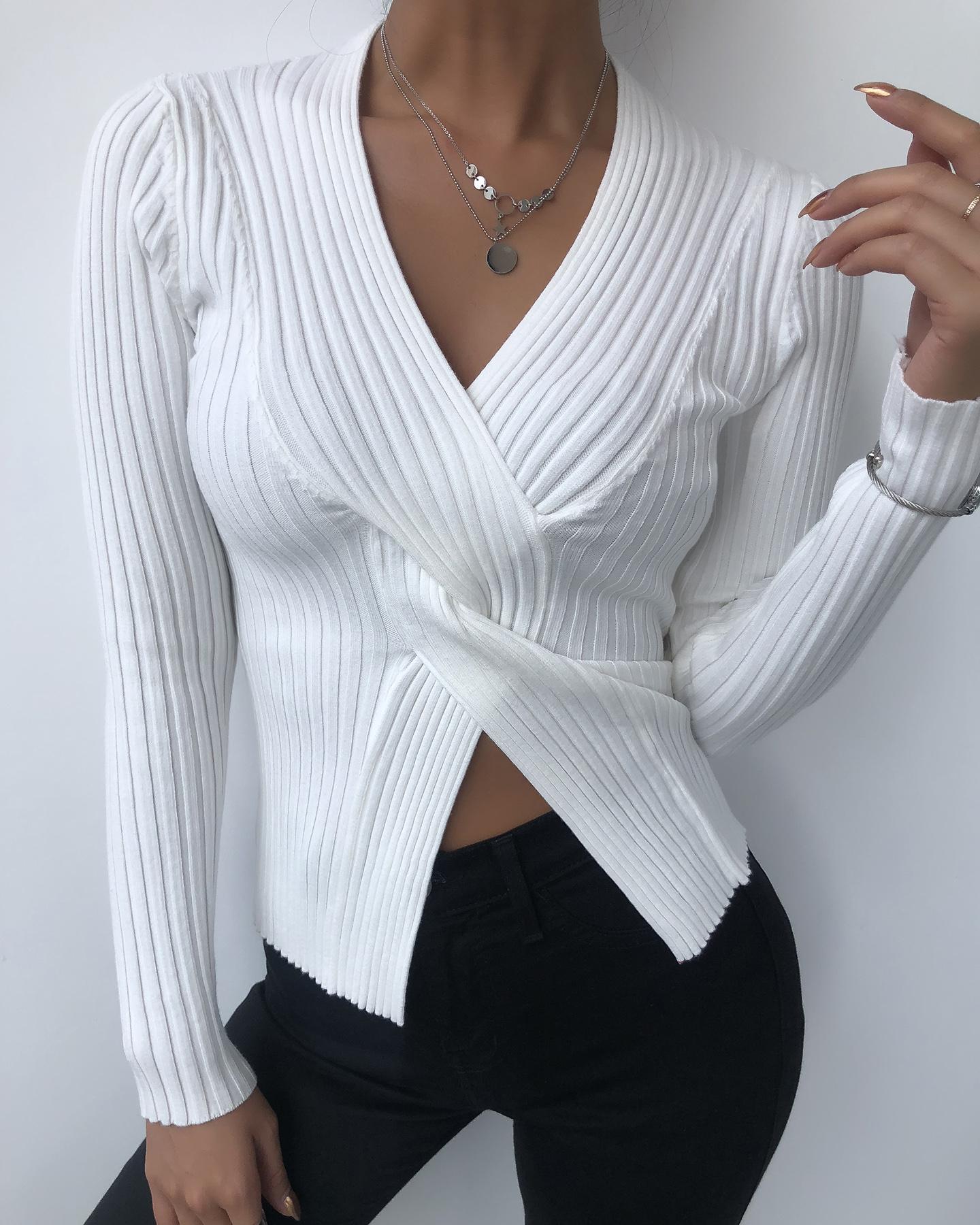 

Plain Long Sleeve Twisted Knit Top, White