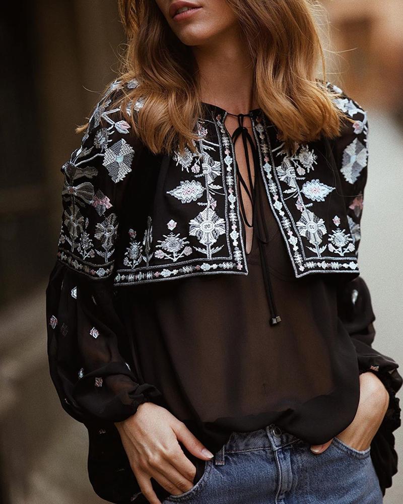 

Ethnic Embroidery Mesh Tied Detail Patchwork Blouse, Black