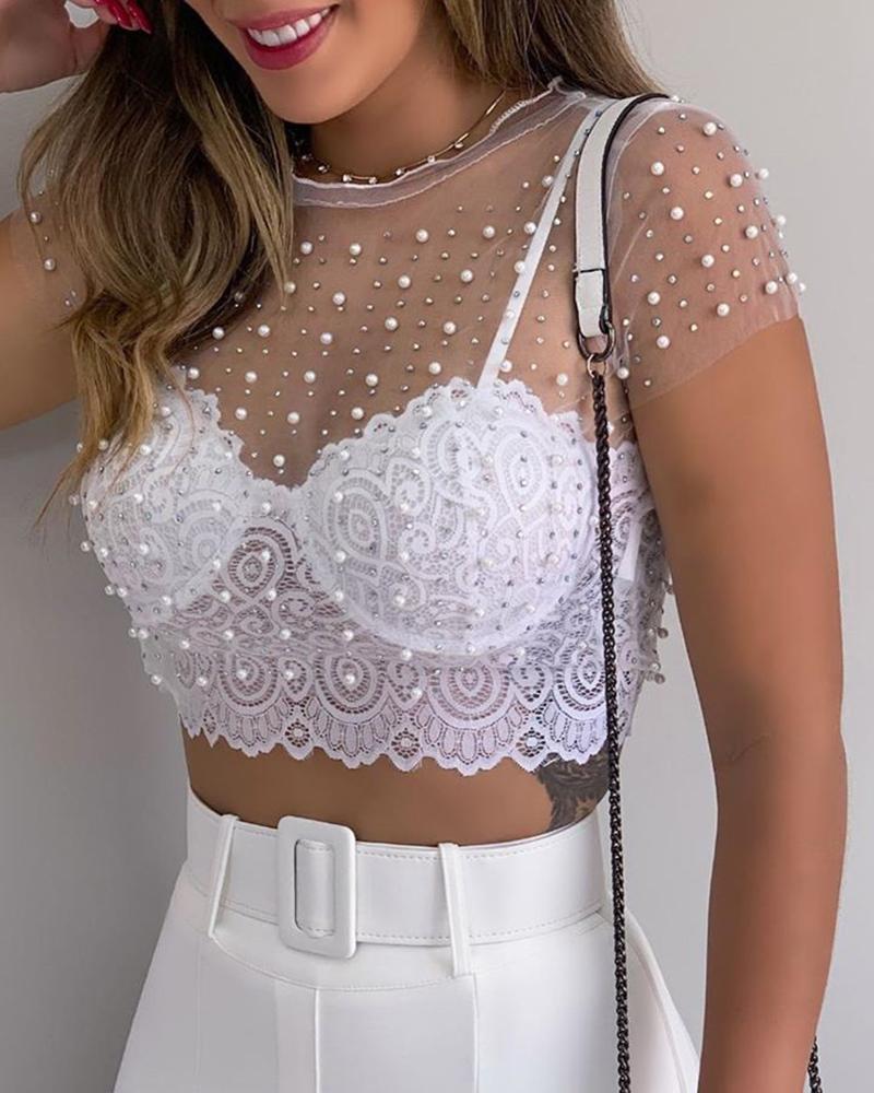 

Sheer Mesh Beaded Blouse, White