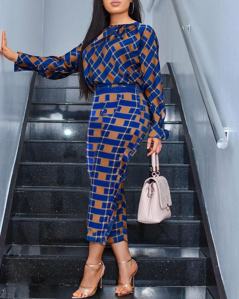 

Long Sleeve Plaid Top & High Waist Pants Sets, Blue