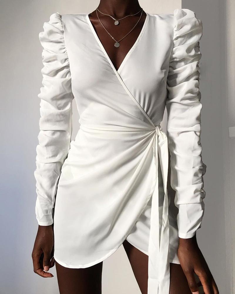 

Solid Puff Sleeve Tied Waist Ruched Dress, White