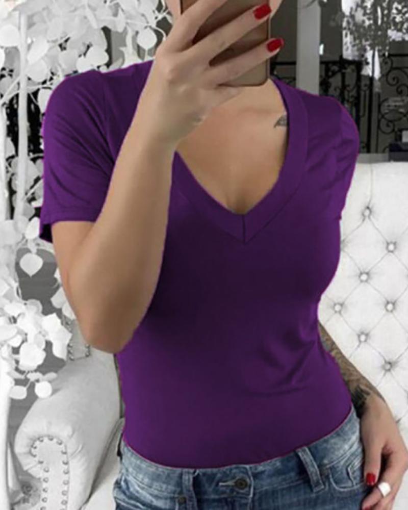 

V-neck Solid Short Sleeve Casual T-shirt, Purple