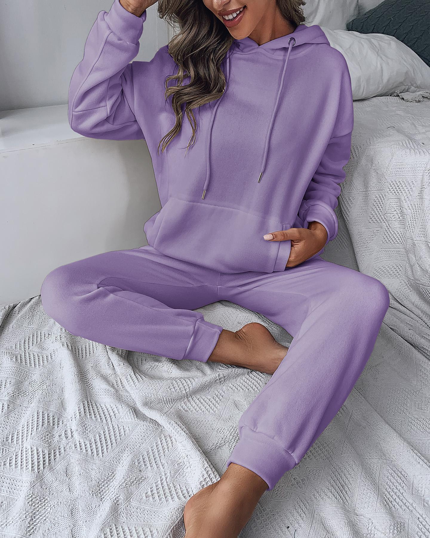 

Pocket Design Hooded Top & Pants Set, Purple