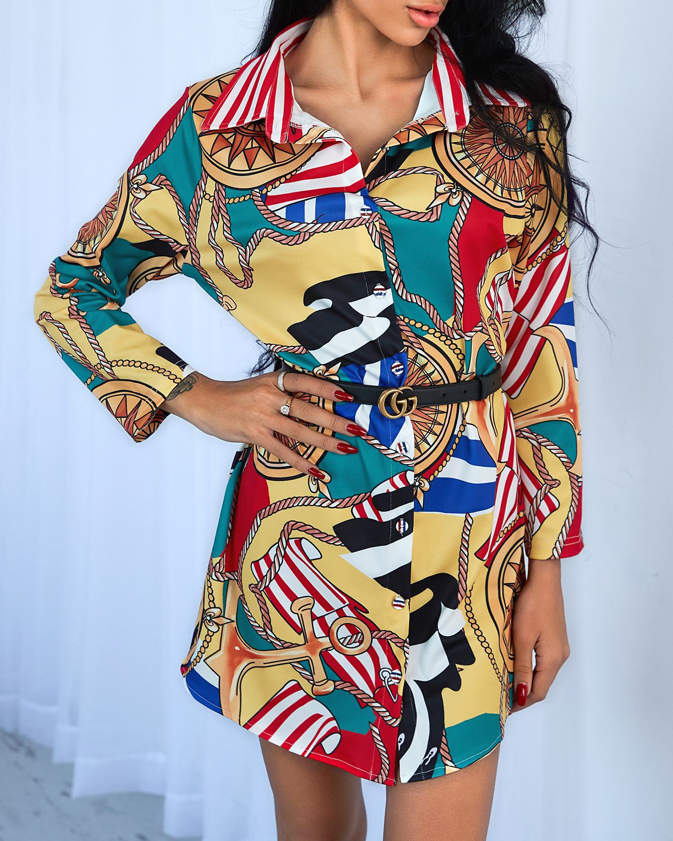 

Multicolor Print Casual Shirt Dress