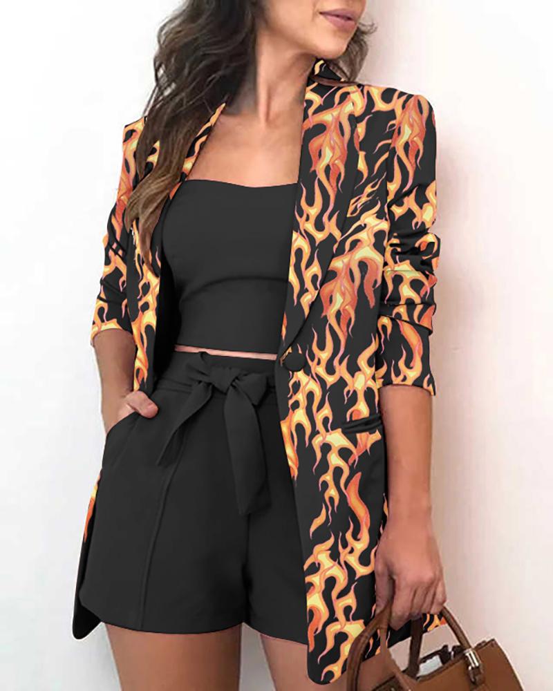 

Flame Print Buttoned Long Sleeve Blazer Coat, Yellow