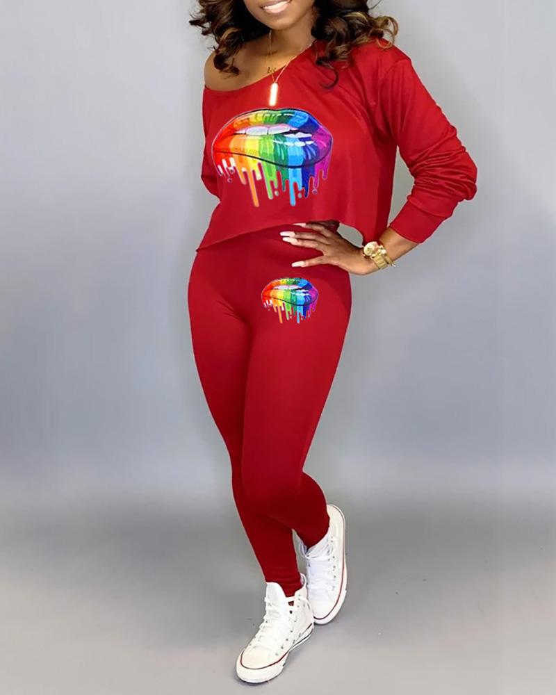 

Lips Print Long Sleeve Top & Pencil Pants Sets, Red