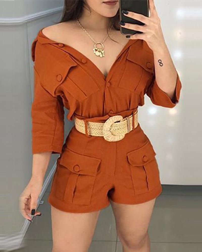 

Pocket Design Long-sleeved Top & Shorts Set