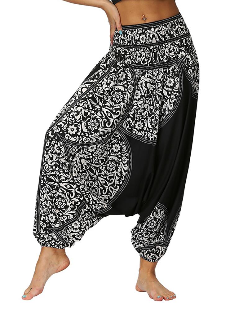 

Floral Print Wide Leg High Waist Yoga Pants, Black