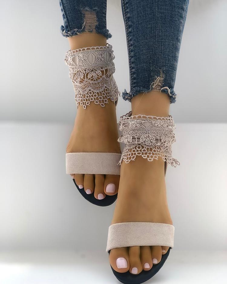 

Lace Zipper Back Single Strap Flat Sandals, Beige