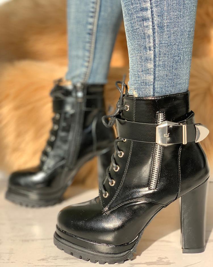 

Platform Buckle Lace-Up Chunky Heeled Boots