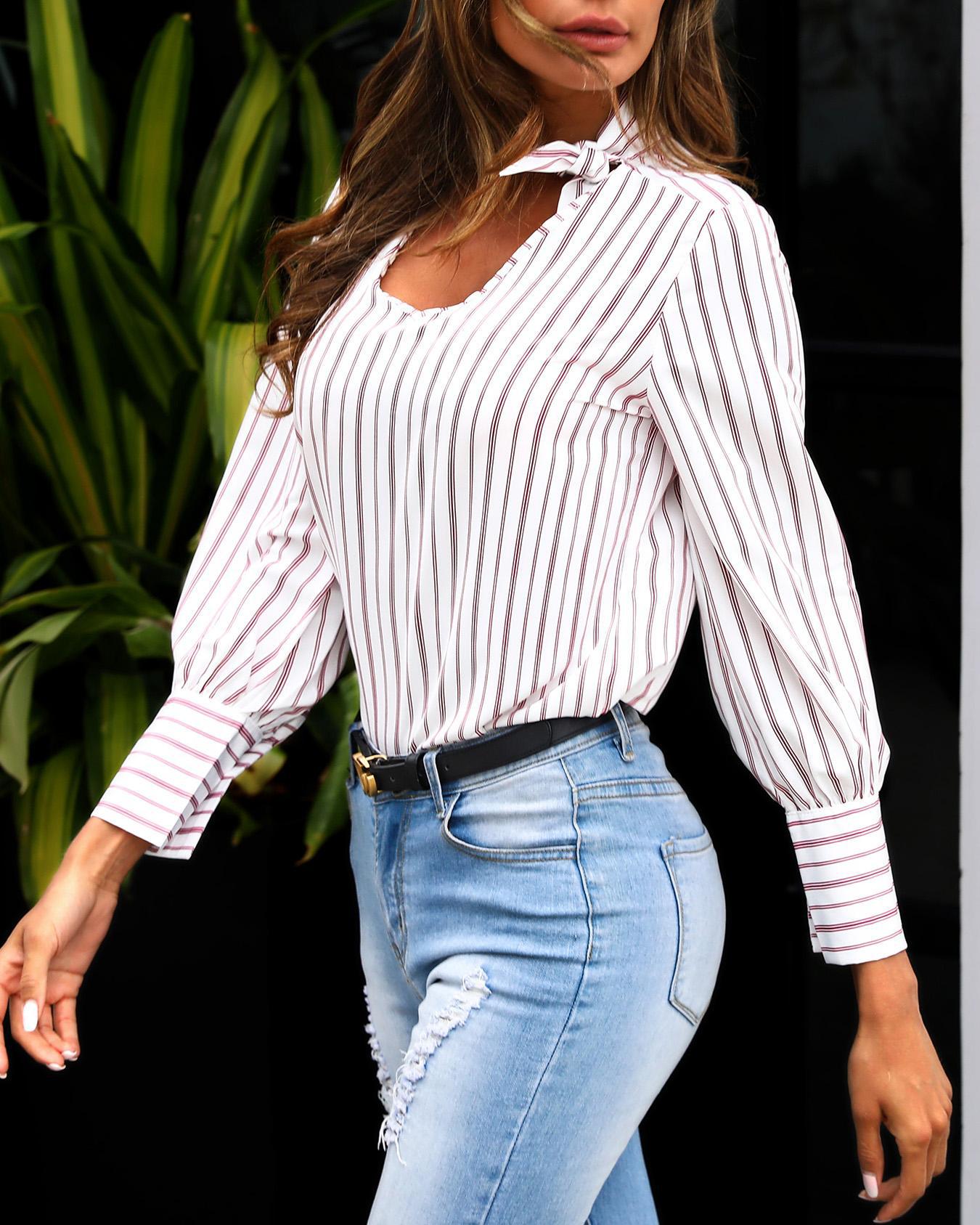 

Striped Tied Detail Cutout Casual Blouse, White