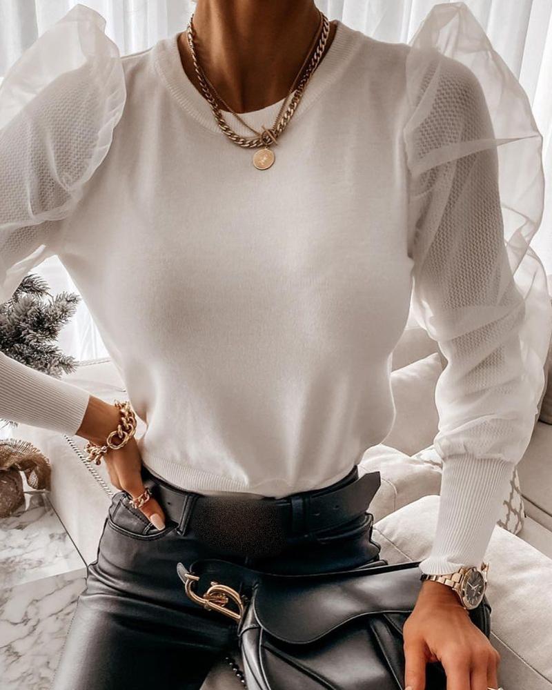 

Puff Sleeve Sheer Mesh Top, White