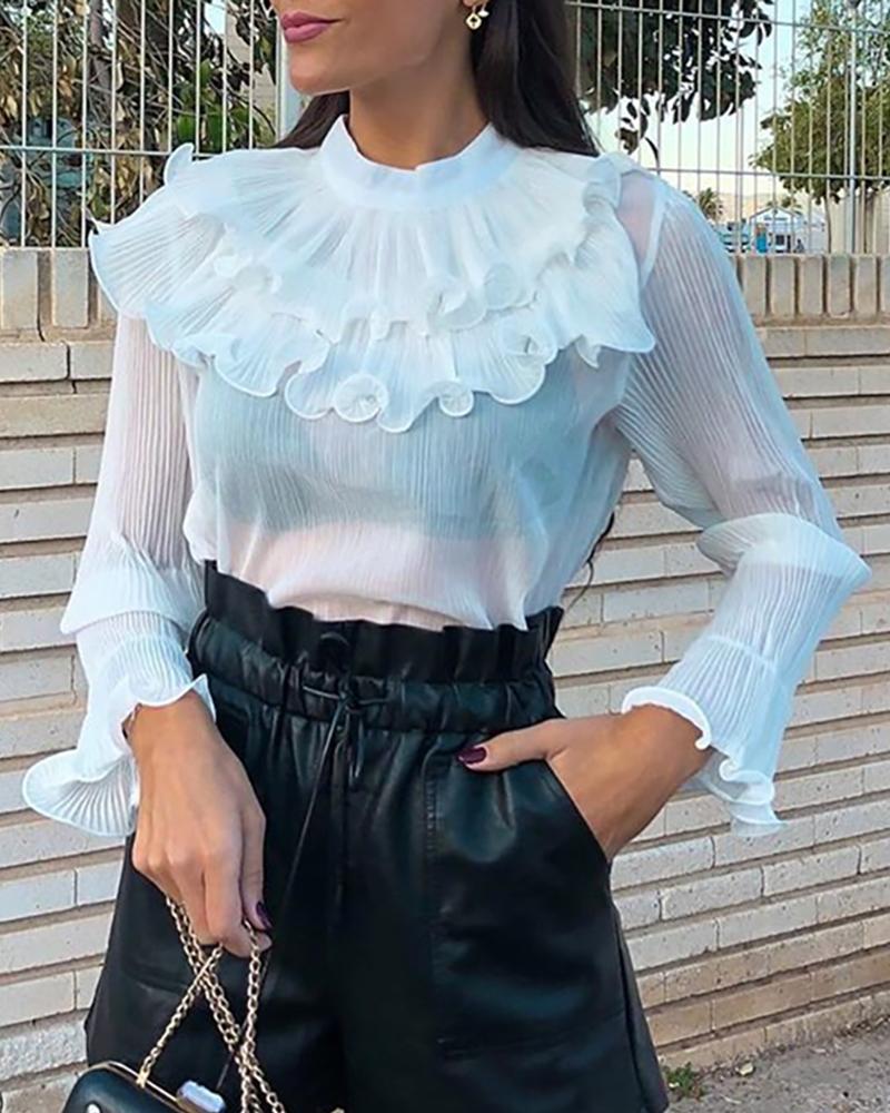 

Sheer Mesh Ruffled Design Casual Blouse, White