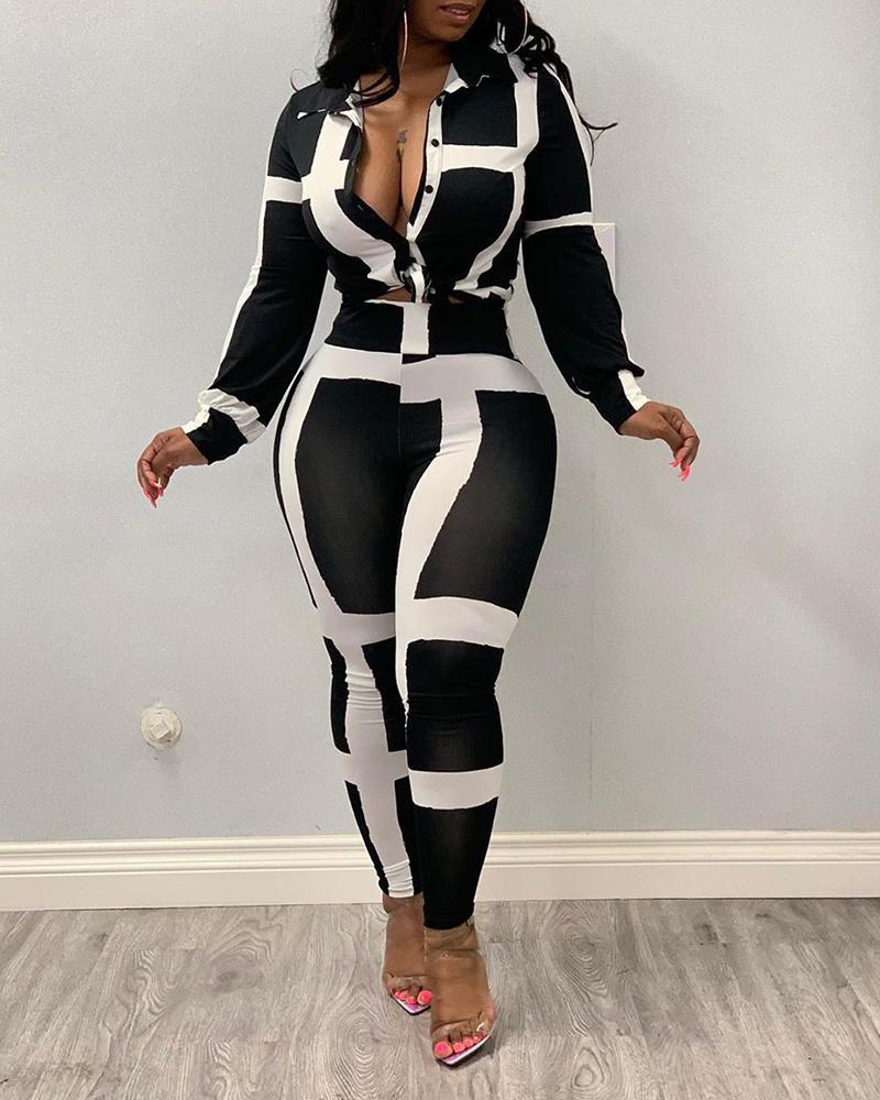 

Colorblock Striped Buttoned Top & Pants Sets, Black