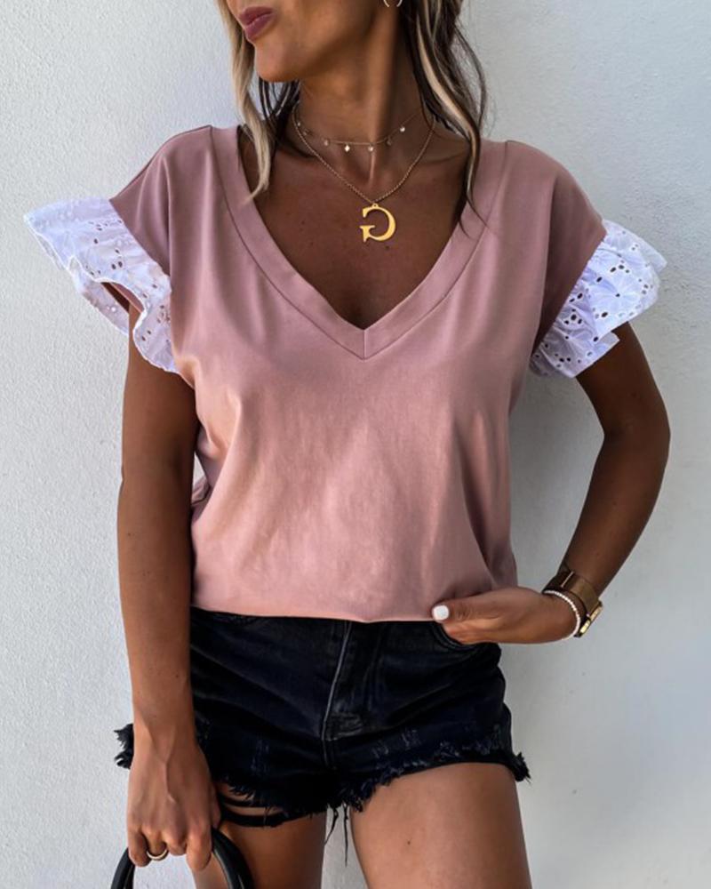 

Contrast Ruffle Sleeve T-Shirt, Pink