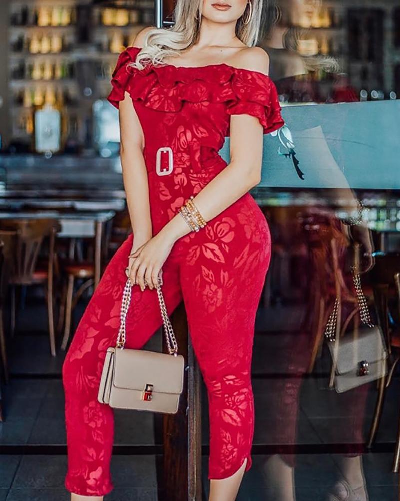 

Floral Print Off Shoulder Ruffles Jumpsuit