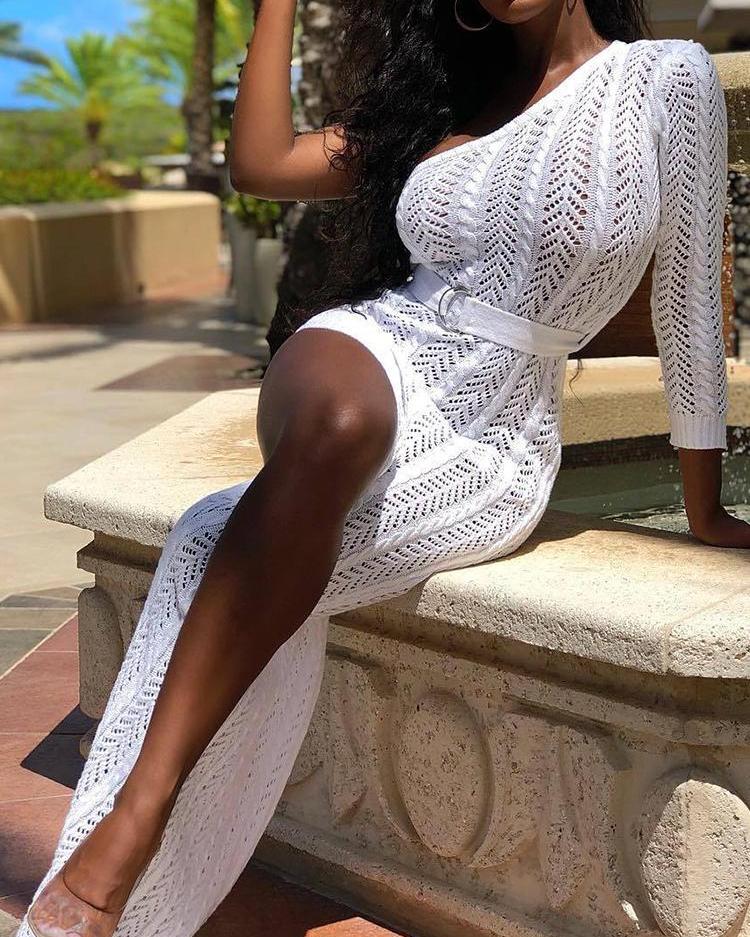 

One Shoulder Thigh Slit Hollow Out Cover Up Dress, White