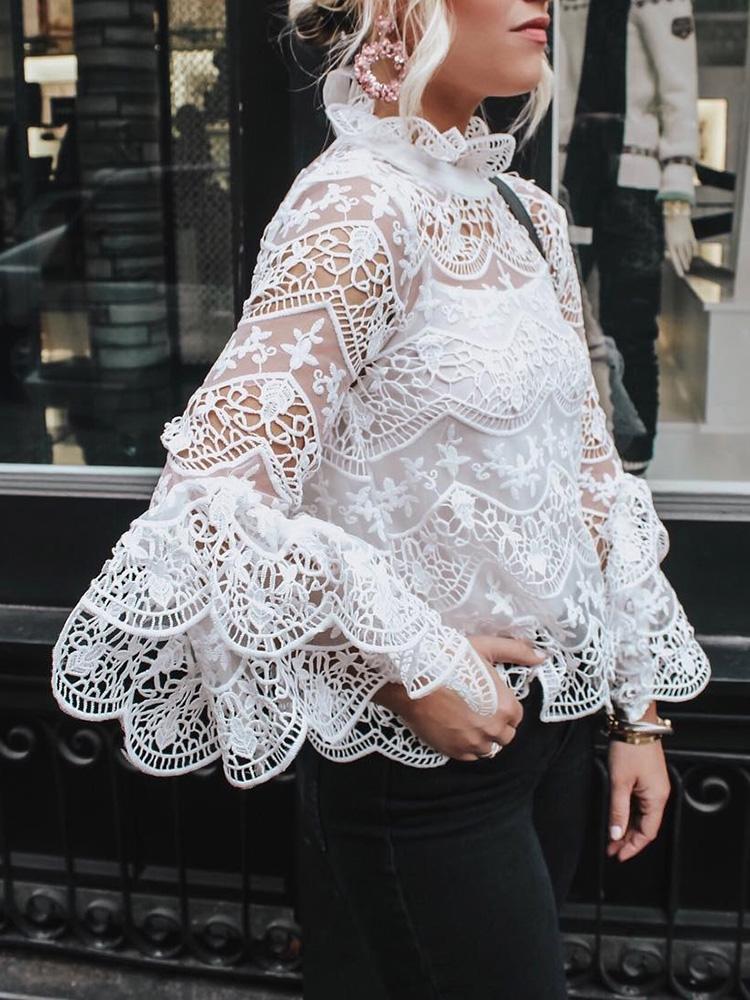 

Hollow Out Lace Flare Sleeve Casual Blouse, White