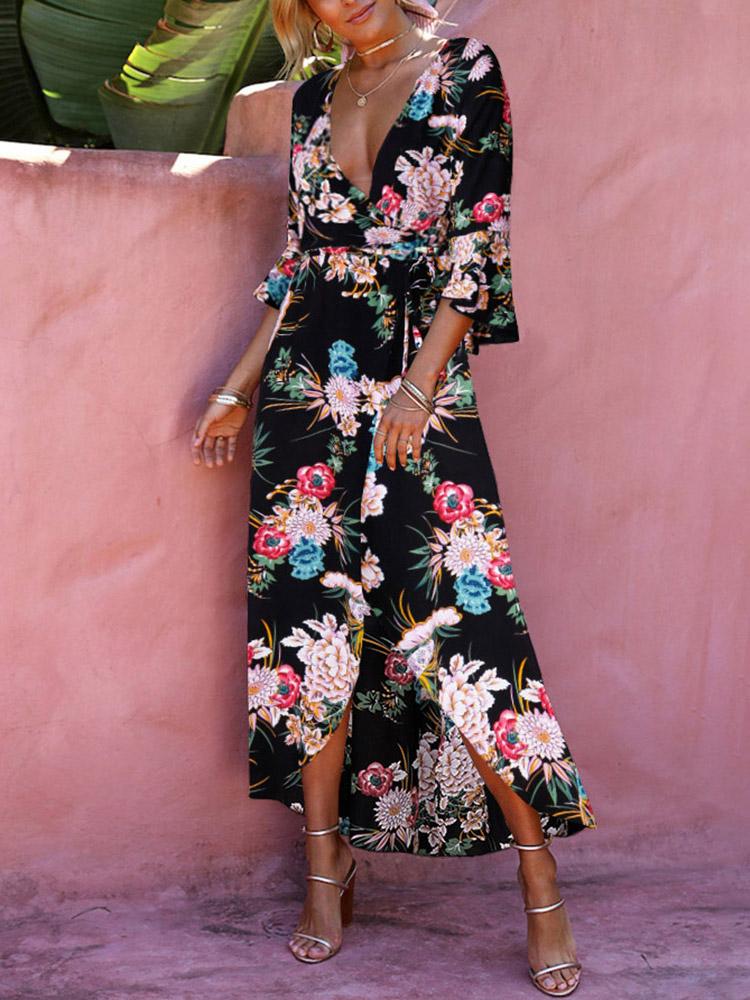 

High Slit Floral Print Maxi Dress