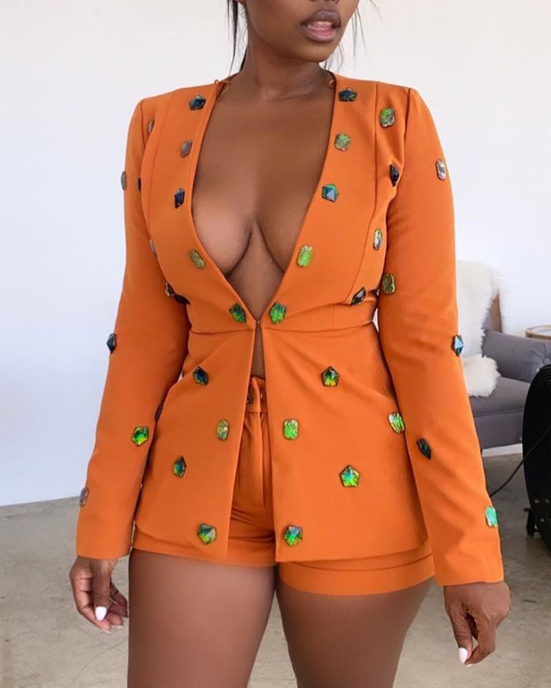 

Diamante Trim Long Sleeve Blazer Coat & Slinky Short Sets, Orange