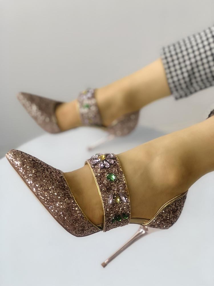 

Sequins Embellished Multi-way Pointed Toe Thin Heels, Champagne