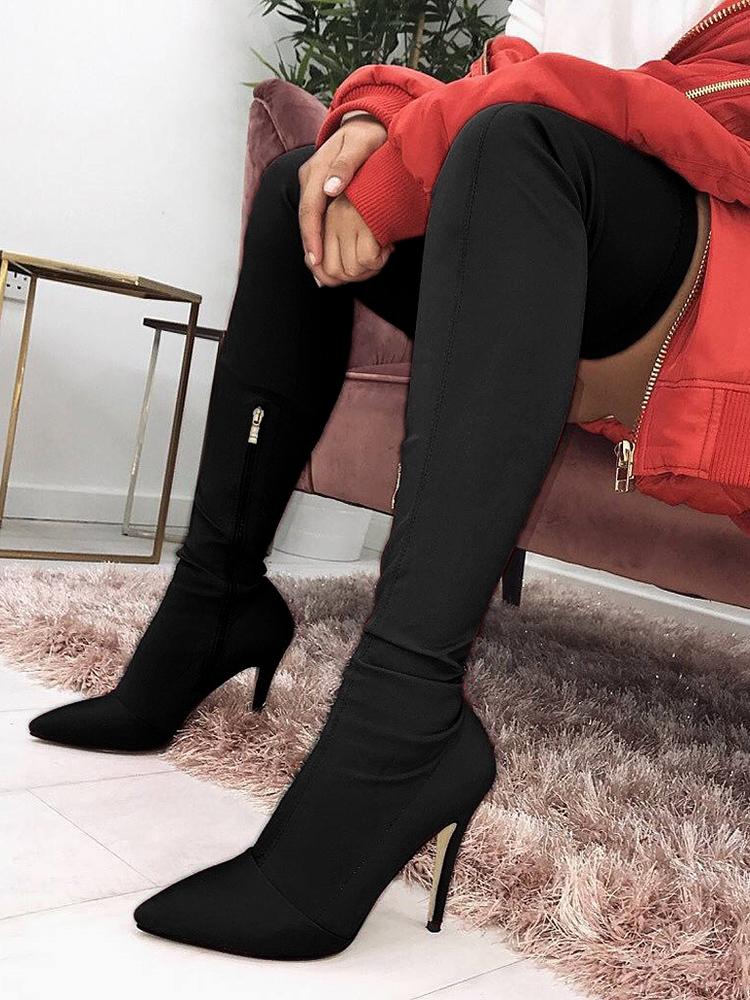 

Side Zipper Knee-High Pointed Toe Heels Boots - Black