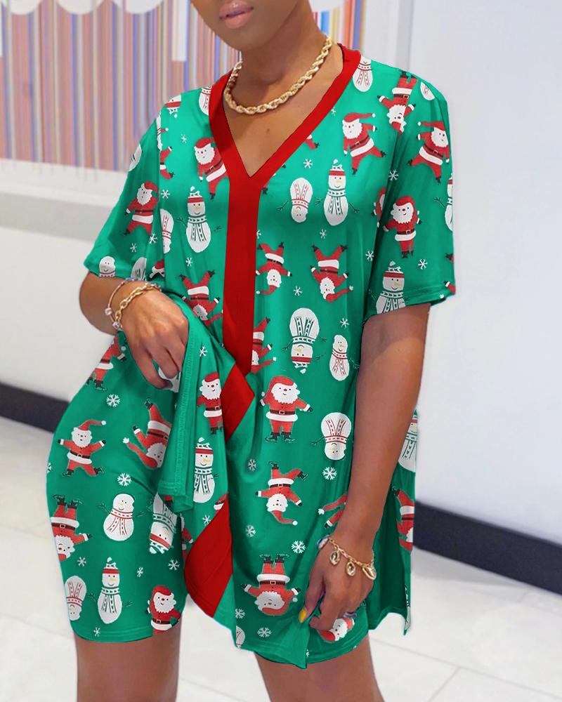 

Christmas Print Colorblock Slit Top & Shorts Set, Green