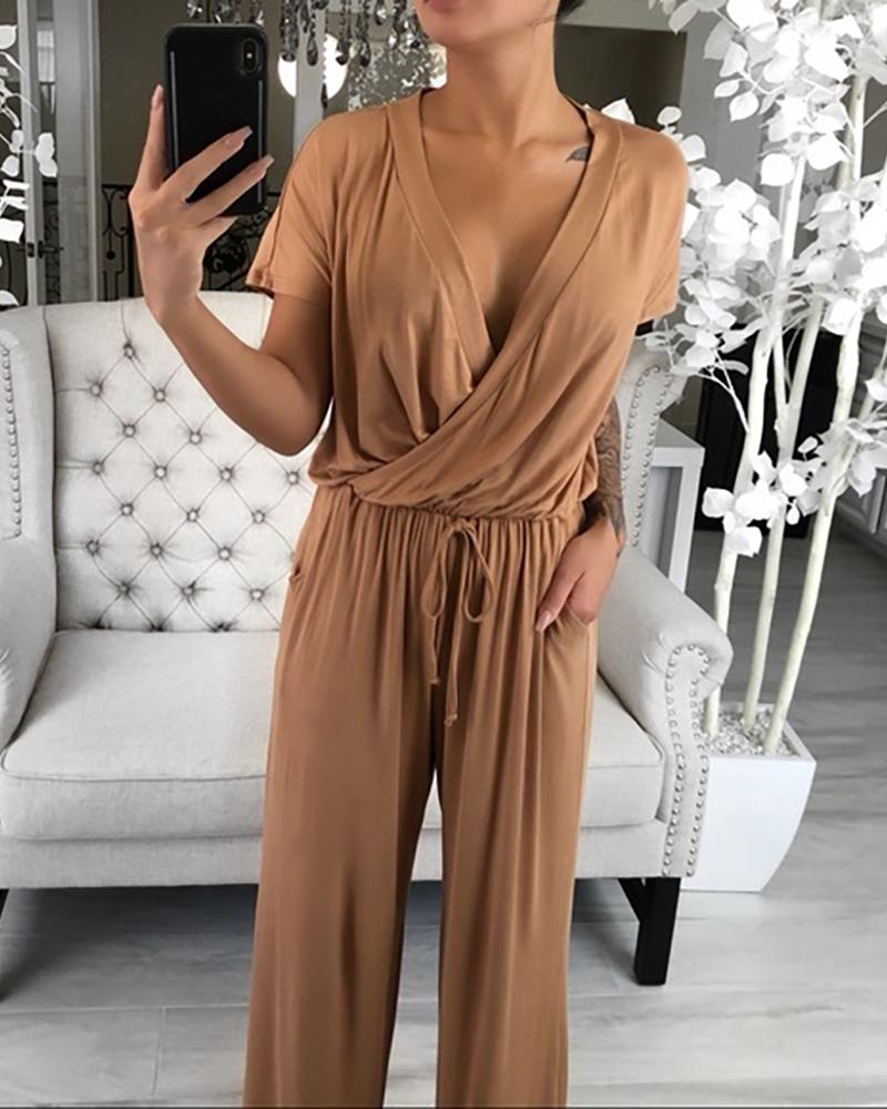 

Solid V-neck Short Sleeve Drawstring Jumpsuit, Khaki