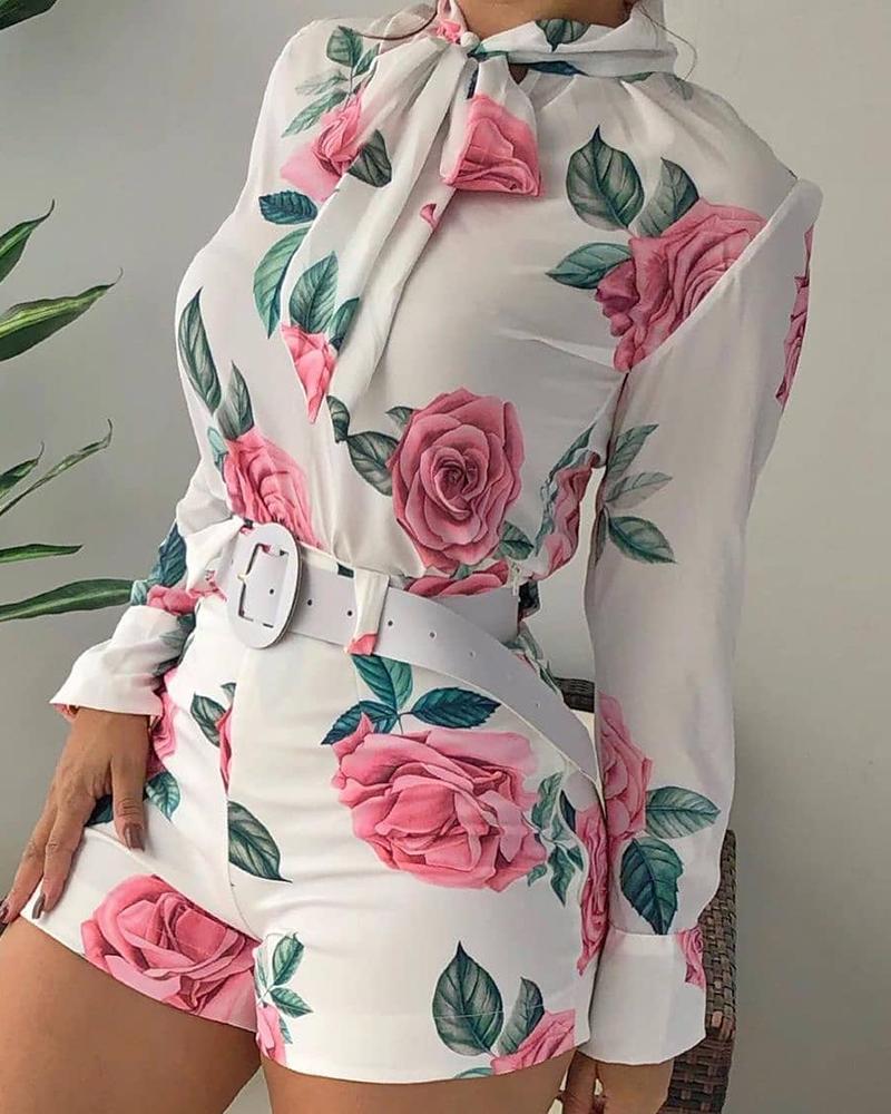 

Floral Print Tie Neck Top & Shorts Set, White