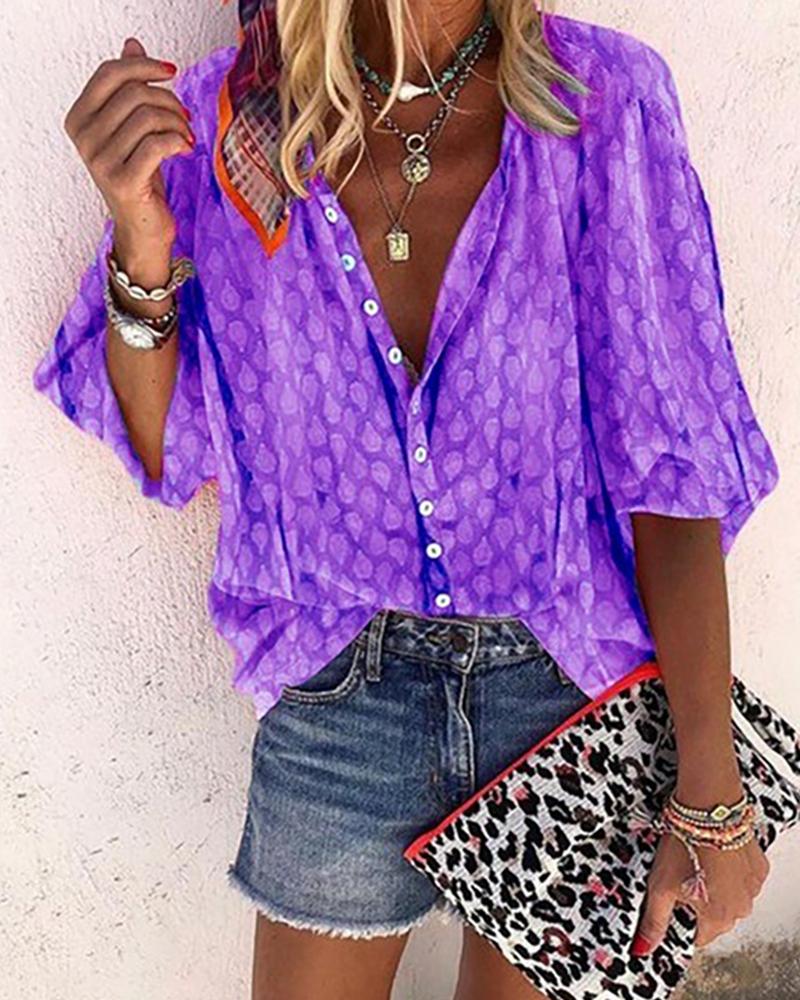

Digital Print Lantern Sleeve Buttoned Shirt, Purple