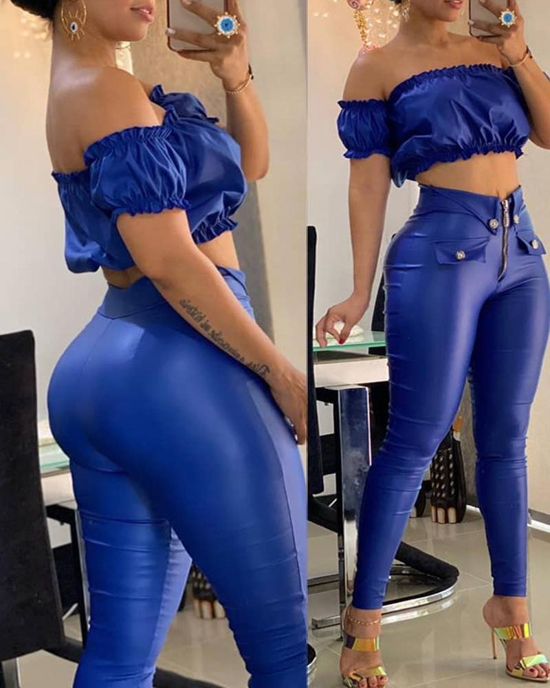 

Off Shoulder PU Leather Crop Top & Zipper Design Pants Set, Blue