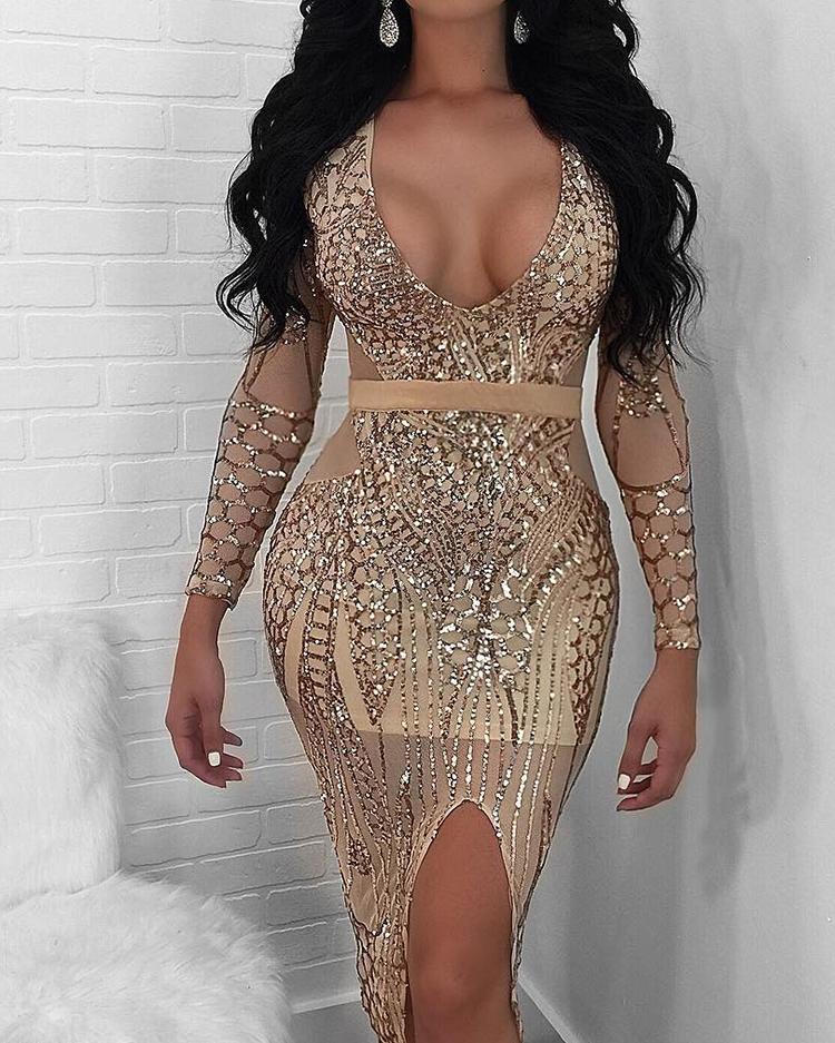 

Sequins U Neck Slit Slinky Bodycon Dress, Gold