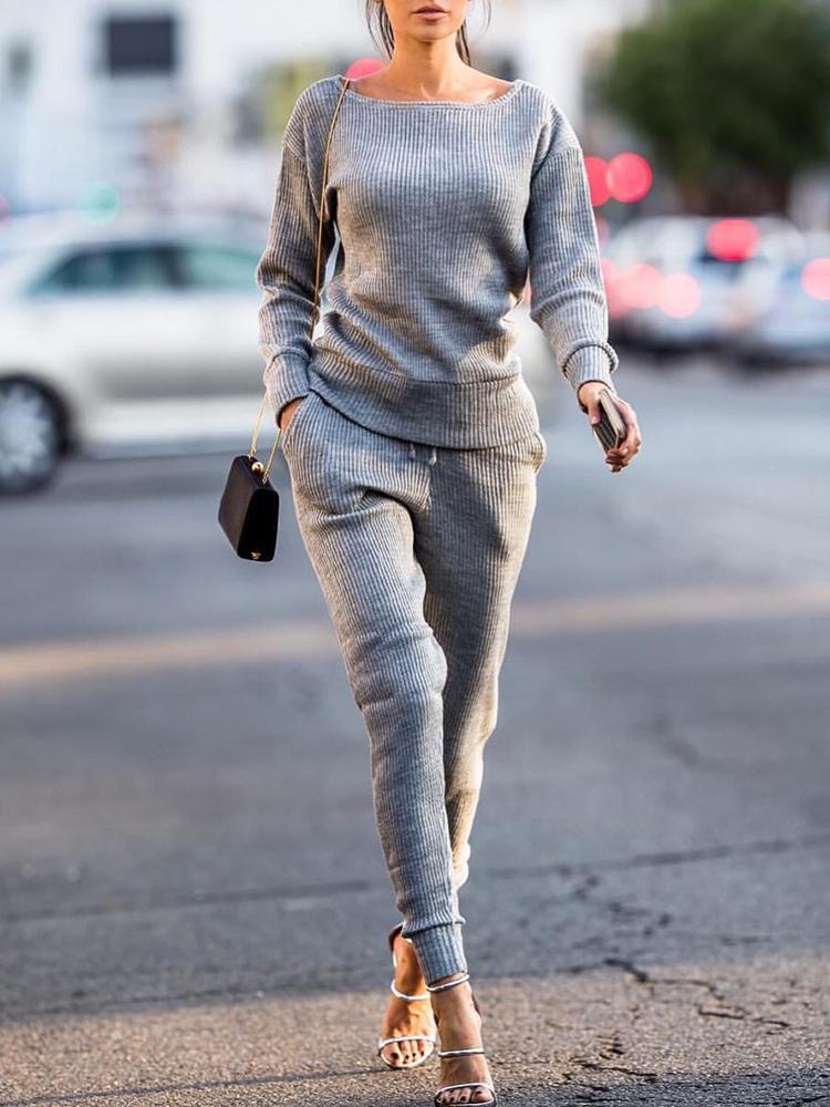 

Fashion Autumn Solid Casual Knitted Suit Set - Gray