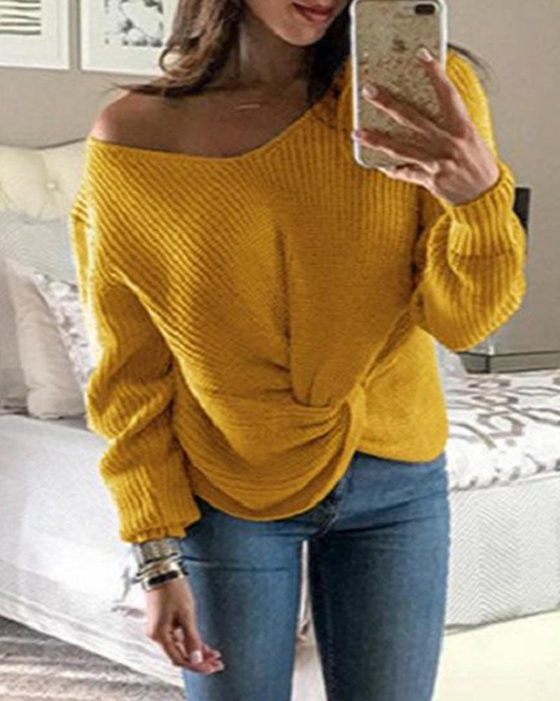

Solid Ribbed Knit Long Sleeve Sweater, Yellow